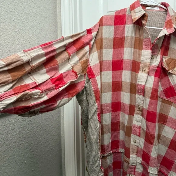 Red and Tan Plaid Button Down oversized shirt - Picture 11 of 12
